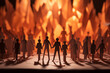 Paper cutout figures standing united before a blazing fire, symbolizing resilience and the strength of community in the face of adversity.