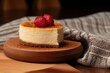 Juicy cheesecake on a wooden board against a coffee sack fabric background