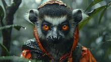   A Monkey With Orange Eyes, Donning A Raincoat Atop Its Head, Perched In A Tree