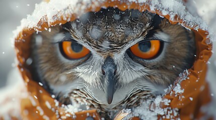   A tight shot of an owl's face, its orange eyes piercing, beneath a snow-covered hood studded with snowflakes