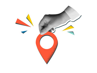 Black and white hand holds a red location pin. Destination sign in an arm in a modern collage style. Illustration on transparent background