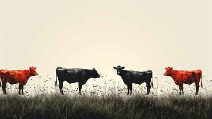 Wall Mural -   A group of cows grazes in a field of tall grass A red cow is centrally positioned within the image