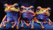   A vibrant frog group perches on a wooden piece against a backdrop of darkness One frog gazes toward the camera, while the other faces the same direction