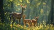 A family of deer grazing among the trees