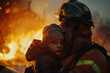 A courageous fireman holds a child in his arms, their silhouette framed against the backdrop of a burning house.
