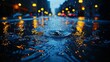  rain falls, reflecting off wet surfaces as street lights gleam
