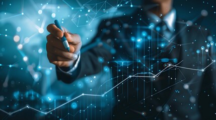 Aufkleber - Businessman Touching Digital Interface with Graphs. Technology and Analytics Concept Photo. Corporate Imagery with Futuristic Feel. Professional Style. AI