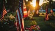 © Marco - Veterans cemetery with USA flags with the sun in the background in high resolution and high quality. concept cemetery, death