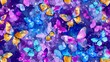   A vibrant group of butterflies flies against a dual-toned purple backdrop, surrounded by both water and light bubbles