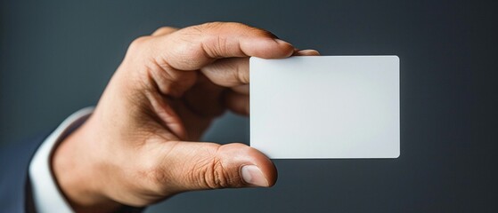 Illustration of a close-up view of a man's hand presenting a white business card, with a plain, solid-colored background enhancing the card's details.