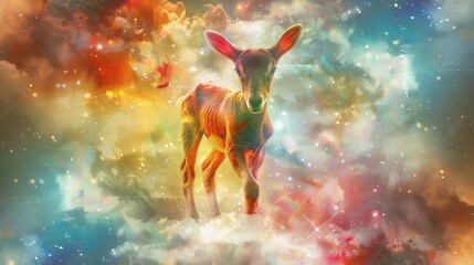 Wall Mural -   A deer silhouetted against a cloud-filled sky, beneath a backdrop of twinkling stars