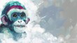   A monkey wearing a hat is depicted in a painting, surrounded by clouds in the background, and a blue sky in the foreground