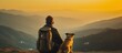 Man with beard and his small yellow dog enjoying mountain sunset and looking at the distance.