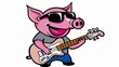   A pig strumming a guitar, donned in sunglasses and a Rock and Roll T-shirt