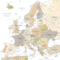 Sticker - Europe - Highly Detailed Vector Map of the Europe. Ideally for the Print Posters. Pastel Warm Colors. Retro Style