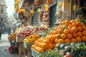 Poster - a vibrant marketplace bustling with activity, offering an array of goods from around the world. conc
