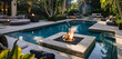 A lavish getaway by the pool with a subterranean fire pit, cozy seating, and lots of vegetation