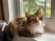 a cute red cat sits on the windowsill