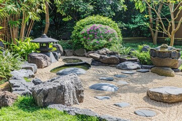 Wall Mural - A peaceful zen garden with carefully arranged rocks and sand.