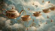 lots of tea cup, mugs and tea pots with hot pouring tea isolated over brown background. conceptual levitation trendy photo. High quality photo