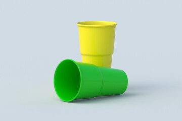 Wall Mural - Two colorful plastic glass for beer on orange background. Empty disposable opaque cup. 3d render