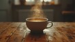 cinematic. low key photography. steaming cup of coffee on a wooden table. morning routine