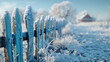 A frost-covered fence in a winter garden
