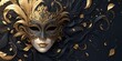 A luxurious golden carnival mask with intricate designs and vibrant colors