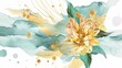 An artistic watercolor composition featuring a golden dahlia bloom amidst blue and teal splashes, ideal for creative backgrounds or decorative design elements.