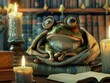 A quirky frog wearing a monocle, amidst antique books and soft candlelight