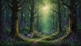 Fototapeta Las - A whimsical forest scene with magical creatures, highlighted in luminous greens, soft lavenders, and sparkling silvers Generative AI