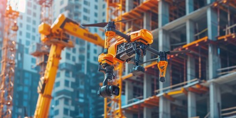 An automated construction site, with drones and robots collaborating to build structures faster and safer than ever before