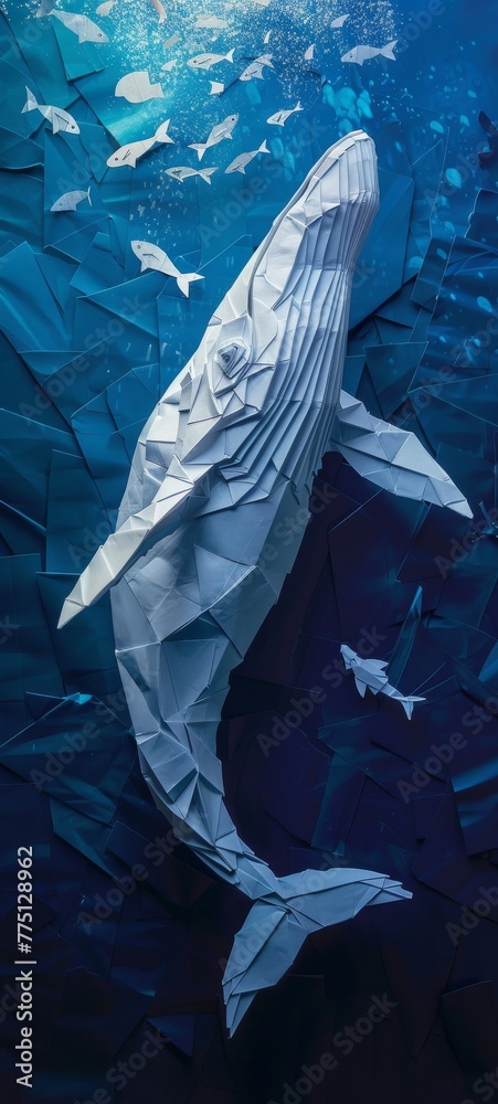 An origami blue whale navigates the deep blues of a realistic ocean ...