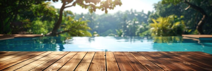 Abstract background with a wooden table top and a blurred swimming pool in the summer garden. A colorful wood floor for product display, a tropical beach, vacation concept.