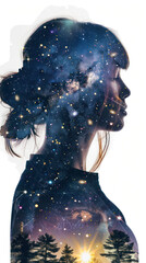 Wall Mural - This artistic image blends a woman's silhouette with a mesmerizing cosmic backdrop, creating a sense of wonder