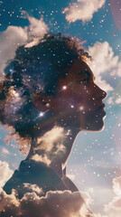 Wall Mural - a mysterious silhouette profile merges with a cosmic sky, clouds, and stars, creating a surreal effe