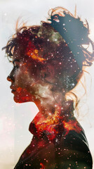Wall Mural - A woman's silhouette is overlaid with an interstellar space scene for a dreamy, surreal effect