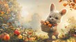 A cute bunny holding a basket of apples in the fall, AI