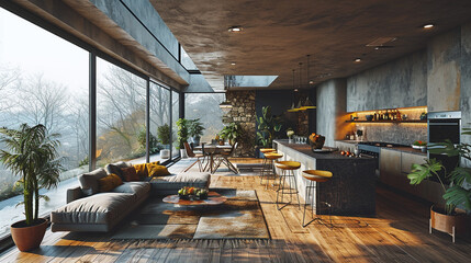 Wall Mural - A modern and luxury kitchen with a large island and a potted plant
