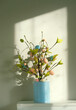 festive decor for Easter holiday. cozy composition with artificial easter eggs and branches. Diy idea for decorating.