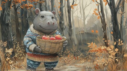 Canvas Print - A cartoon hippo holding a basket of apples in the woods, AI