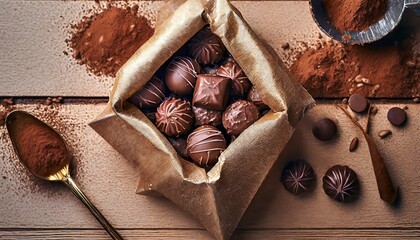 Sticker - Chocolates (bonbons) in a bag on a wooden table.
