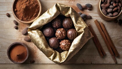 Sticker - Chocolates (bonbons) in a bag on a wooden table.
