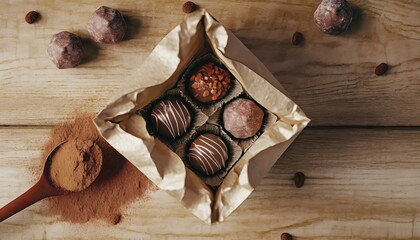 Sticker - Chocolates (bonbons) in a bag on a wooden table.
