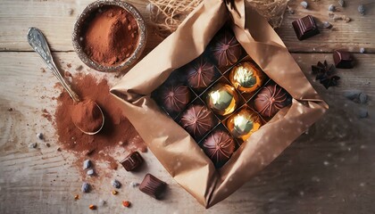 Sticker - Chocolates (bonbons) in a bag on a wooden table.
