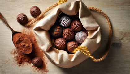 Sticker - Chocolates (bonbons) in a bag on a wooden table.
