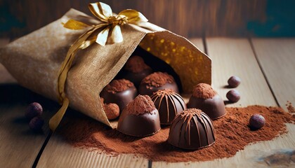 Sticker - Chocolates (bonbons) in a bag on a wooden table.
