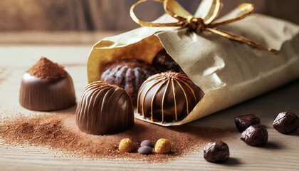 Sticker - Chocolates (bonbons) in a bag on a wooden table.
