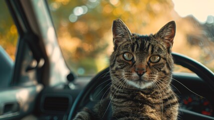 Canvas Print - A cat sitting in a car with its eyes open, AI