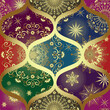 Vector Christmas seamless pattern with golden snowflakes and stars on the colorful backgrounds
